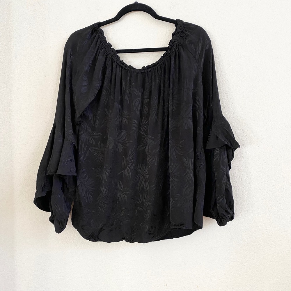 Michael Kors Black Floral Jacquard Ruffle Bell Sleeve Blouse Top Large L‎